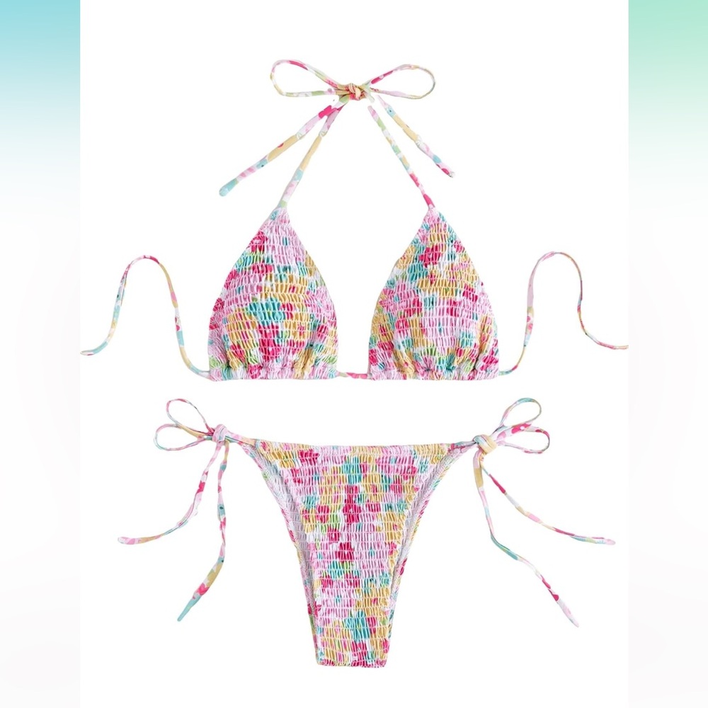 🚘COZYEASE  floral smocked drawstring side triangle halter sexy cute swimsuit